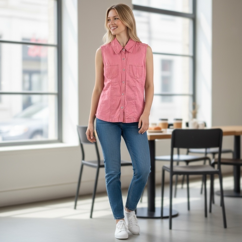Kathy Ireland Pink Sleeveless Button Down Shirt